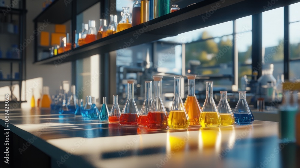 Poster a row of beakers filled with colorful liquids sits on a lab table in a well-lit laboratory.