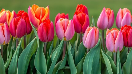 Obraz premium A vibrant display of colorful tulips in shades of red, pink, and orange, surrounded by lush green foliage.
