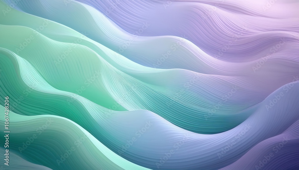 Poster Abstract Pastel Waves. Flowing Lines of Serene Gradient Texture in Soft Green and Lavender, Perfect for Calm Digital Backgrounds, Minimalist Design, and Relaxing Visuals