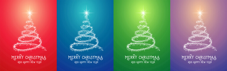Merry Christmas greeting concept with sparkling Christmas tree made of spiral light, glowing glitter, shiny bokeh and lit star spinning around. Colorful set in red, blue, green and purple background.