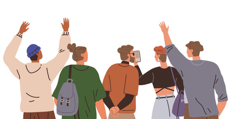 Five young people, seen from behind, stand together. Some wave, while others use their phones. Ideal for friendship, youth culture, socializing, casual fashion, outdoor activities. Contemporary flat