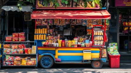 A colorful street food cart overflowing with snacks and goods, capturing the vibrancy of Asian street life. The cart showcases a diverse selection of treats, from fresh fruit to savory snacks, all pre
