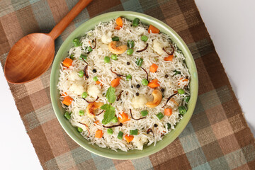 Indian veg biryani, veg pulav, Indian vegetable pulav, Biriyani, vegetable Biriyani served in a ceramic bowl