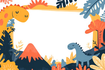 Obraz premium Dinosaur frame with colorful prehistoric plants and volcano, ideal for kids' themes, dinosaur parties, or educational projects about the Jurassic era