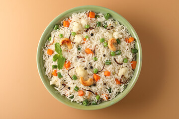 Indian veg biryani, veg pulav, Indian vegetable pulav, Biriyani, vegetable Biriyani served in a ceramic bowl