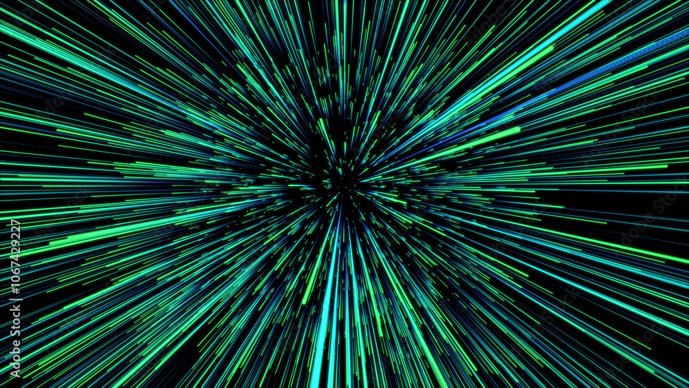 Poster Abstract green hyper jump. Digital hyperspace with flow of bright particles. Beams motion in galaxy. Big stars explosion. Space glowing tunnel moving at the speed of light. 3d rendering.
