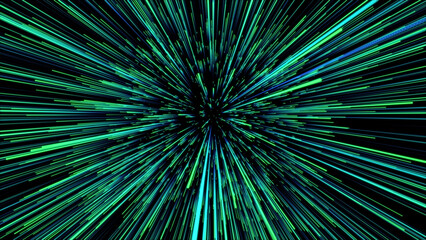 Obraz premium Abstract green hyper jump. Digital hyperspace with flow of bright particles. Beams motion in galaxy. Big stars explosion. Space glowing tunnel moving at the speed of light. 3d rendering.