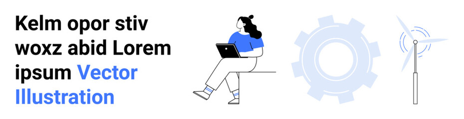 Woman with laptop, gear, wind turbine. Ideal for tech, energy, innovation, work from home, productivity, sustainable development engineering Landing page