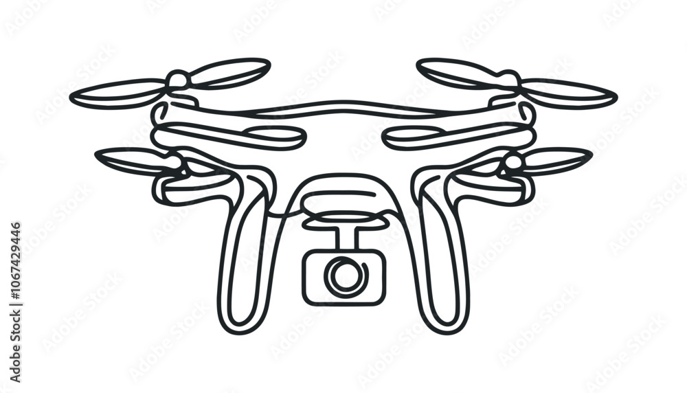 Poster vector continuous one single line drawing icon of quadcopter camera drone in silhouette on a white b