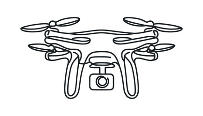 Vector continuous one single line drawing icon of quadcopter camera drone in silhouette on a white background.
