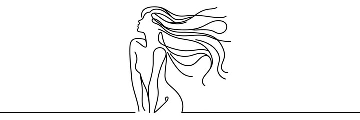 Continuous one line drawing. Abstract portrait of pretty young woman with beautiful hair. Vector illustration.