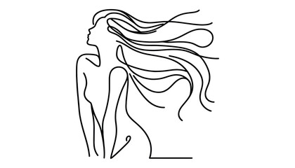 Continuous one line drawing. Abstract portrait of pretty young woman with beautiful hair. Vector illustration.