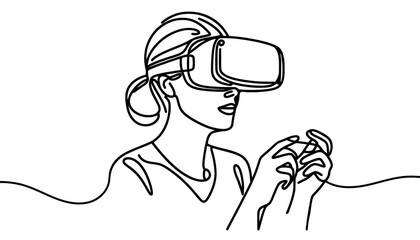 Woman wearing virtual reality glasses device. Metaverse concept. Continuous line. Hand drawn. One line. line art. Logo design. Vector. illustration