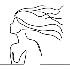 Continuous one line drawing. Abstract portrait of pretty young woman with beautiful hair. Vector illustration.