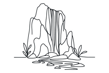 Continuous one line drawing of waterfall and lake. Vector illustration