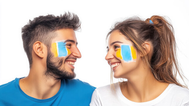 Young couple with argentinian face paint - studio portrait for celebration and sports enthusiasm