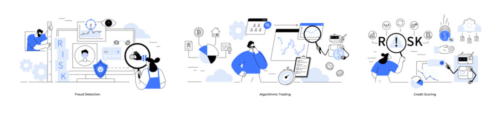 Magnifying glass, computer screens, charts, graphs, people analyzing data, puzzle pieces, and icons. Ideal for AI, data analytics, fraud detection, credit scoring, training algorithms risk