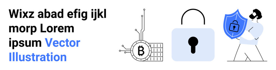 Blockchain network with Bitcoin symbol, large padlock, man holding shield with lock icon. Ideal for fintech, cybersecurity, blockchain, online privacy, data protection, financial technology, IT