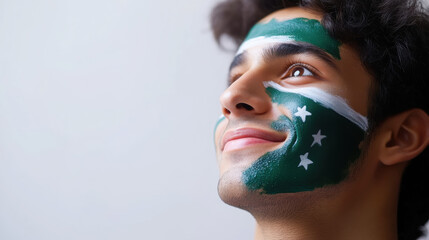 Portrait of a young man with saudi arabian flag face paint for cultural celebration