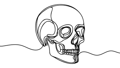 Human scull. One line continuous Halloween skull isolated on white background. Line art outline vector illustration