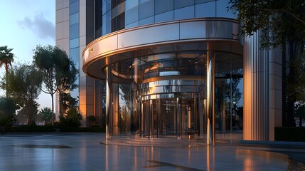 Sleek Hotel Facade with Contemporary Design, Featuring a Glass Revolving Door Entrance