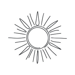 Sun continuous one line art drawing. Summer sun contour line sign. Vector illustration isolated on white.