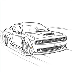 Adult coloring page for book and drawing. Concept vector illustration. High speed drive vehicle. Graphic element. Car wheel. Black contour sketch illustrate Isolated on white background.