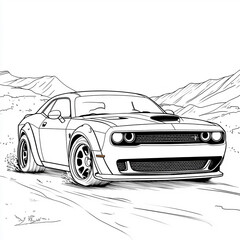 Adult coloring page for book and drawing. Concept vector illustration. High speed drive vehicle. Graphic element. Car wheel. Black contour sketch illustrate Isolated on white background.