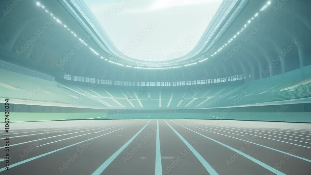 Aufkleber Red running track in an empty stadium with artificial lighting and bleachers, generating a feeling of expectation and challenge