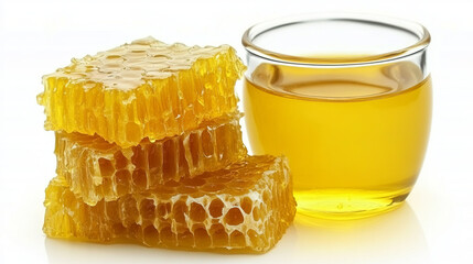 A piece of honeycomb alongside a pool of golden liquid honey, isolated on a white background. The honeycomb's rich texture and the smooth flow of honey capture the essence of natural sweetness 
