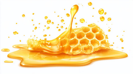 A piece of honeycomb alongside a pool of golden liquid honey, isolated on a white background. The honeycomb's rich texture and the smooth flow of honey capture the essence of natural sweetness 