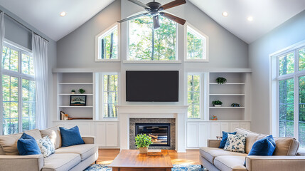 A cozy living room interior featuring ceiling lighting and a modern ceiling fan circulator for efficient ventilation. The fan blends seamlessly with the decor, enhancing the comfort 