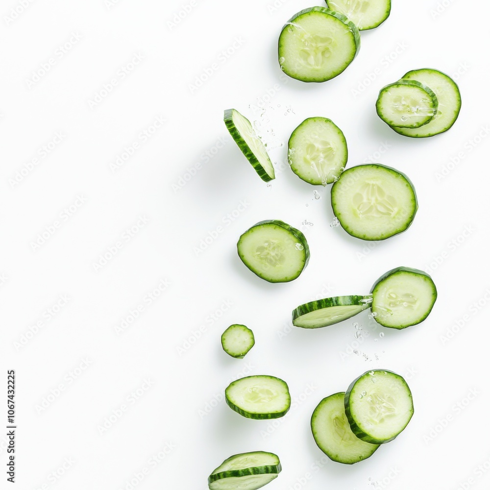 Poster freshly sliced cucumbers create a refreshing visual appeal on a white background