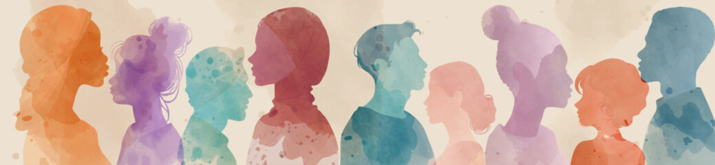 Side-view Silhouettes of Men and Women from Various Cultures. Multicultural People. Diversity Racial Equality Inclusion concept. Gender Equality. Community. Watercolors