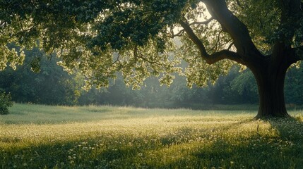 Sunlight filters through the leaves of a large oak tree in a grassy meadow.