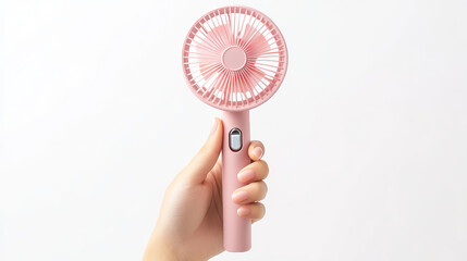 A portable mini electric fan designed to be carried by hand, isolated on a white background with a clipping path. The compact fan is ideal for on-the-go cooling.