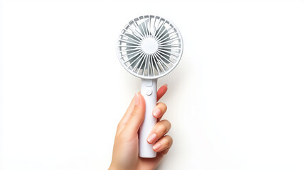 A portable mini electric fan designed to be carried by hand, isolated on a white background with a clipping path. The compact fan is ideal for on-the-go cooling.