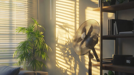 A modern electric fan sits on a shelving unit alongside a houseplant in a cozy home setting. The sleek design of the fan complements the natural greenery on the shelf.