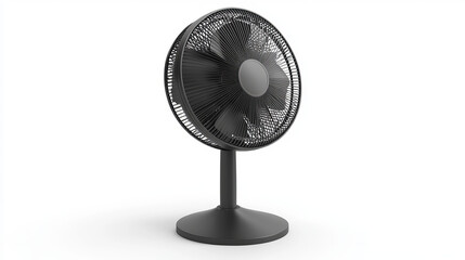 A black stand fan, a floor ventilator, isolated on a white background. This air-cooling device, equipped with rotating blades, functions as a household appliance to provide airflow