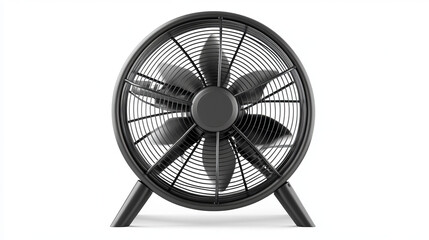 A black stand fan, a floor ventilator, isolated on a white background. This air-cooling device, equipped with rotating blades, functions as a household appliance to provide airflow