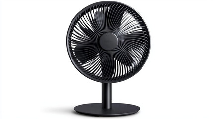 A black stand fan, a floor ventilator, isolated on a white background. This air-cooling device, equipped with rotating blades, functions as a household appliance to provide airflow