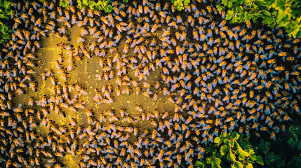 A top-down view of numerous bees crawling over a golden honeycomb in an apiary, busy at work producing honey. The intricate honeycomb pattern and the movement of the bees capture the vibrant activity 
