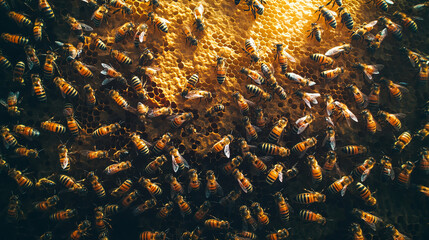 A top-down view of numerous bees crawling over a golden honeycomb in an apiary, busy at work producing honey. The intricate honeycomb pattern and the movement of the bees capture the vibrant activity 