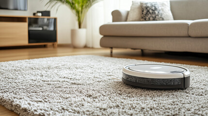 A white robot vacuum cleaner moves across the carpet in the living room, near the sofa. The modern smart device efficiently cleans the apartment floor.