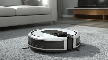 A white robot vacuum cleaner moves across the carpet in the living room, near the sofa. The modern smart device efficiently cleans the apartment floor.