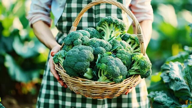 Freshly harvested basket of broccoli in a lush garden setting