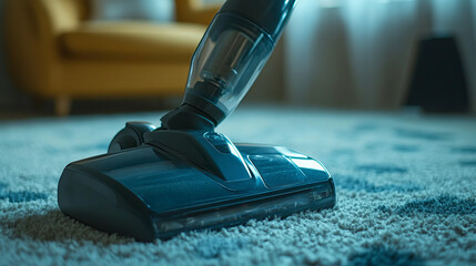 A cordless vacuum cleaner glides over the carpet, capturing dirt with each pass. Close-up view shows its cleaning action in detail.
