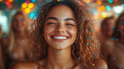 Fototapeta premium two women immersed in laughter at a vibrant music festival surrounded by colorful lights and a lively crowd capturing the joy of friendship and the spirit of celebration