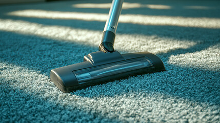 A cordless vacuum cleaner glides over the carpet, capturing dirt with each pass. Close-up view shows its cleaning action in detail.