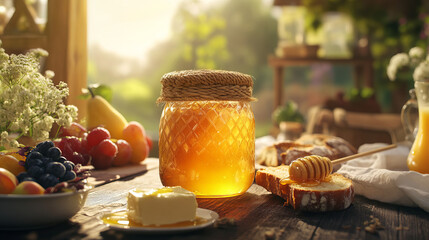 A glass jar of honey with a rustic woven lid sits on a wooden table, surrounded by fresh bread, butter, and fruit. The morning sunlight casts a warm glow on the honey.